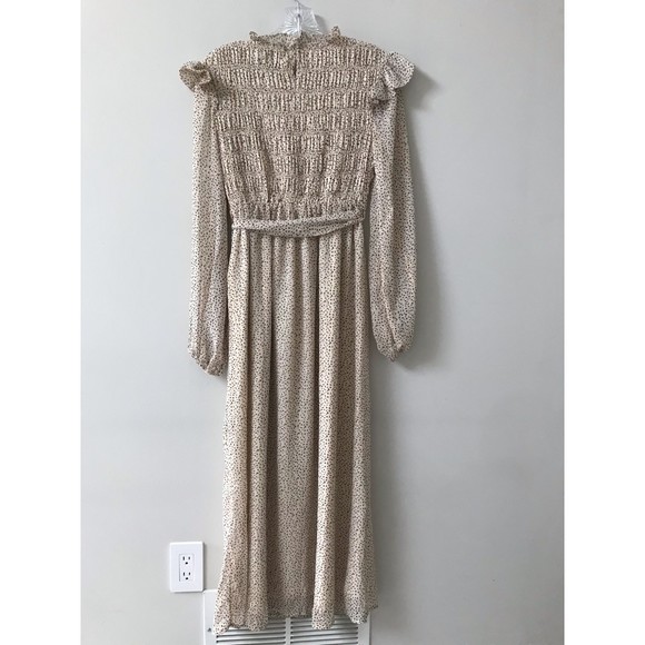 En Saison ANTHROPOLOGIE Dress Beige Metallic Smocked Belted XS Cottagecore - Picture 4 of 9